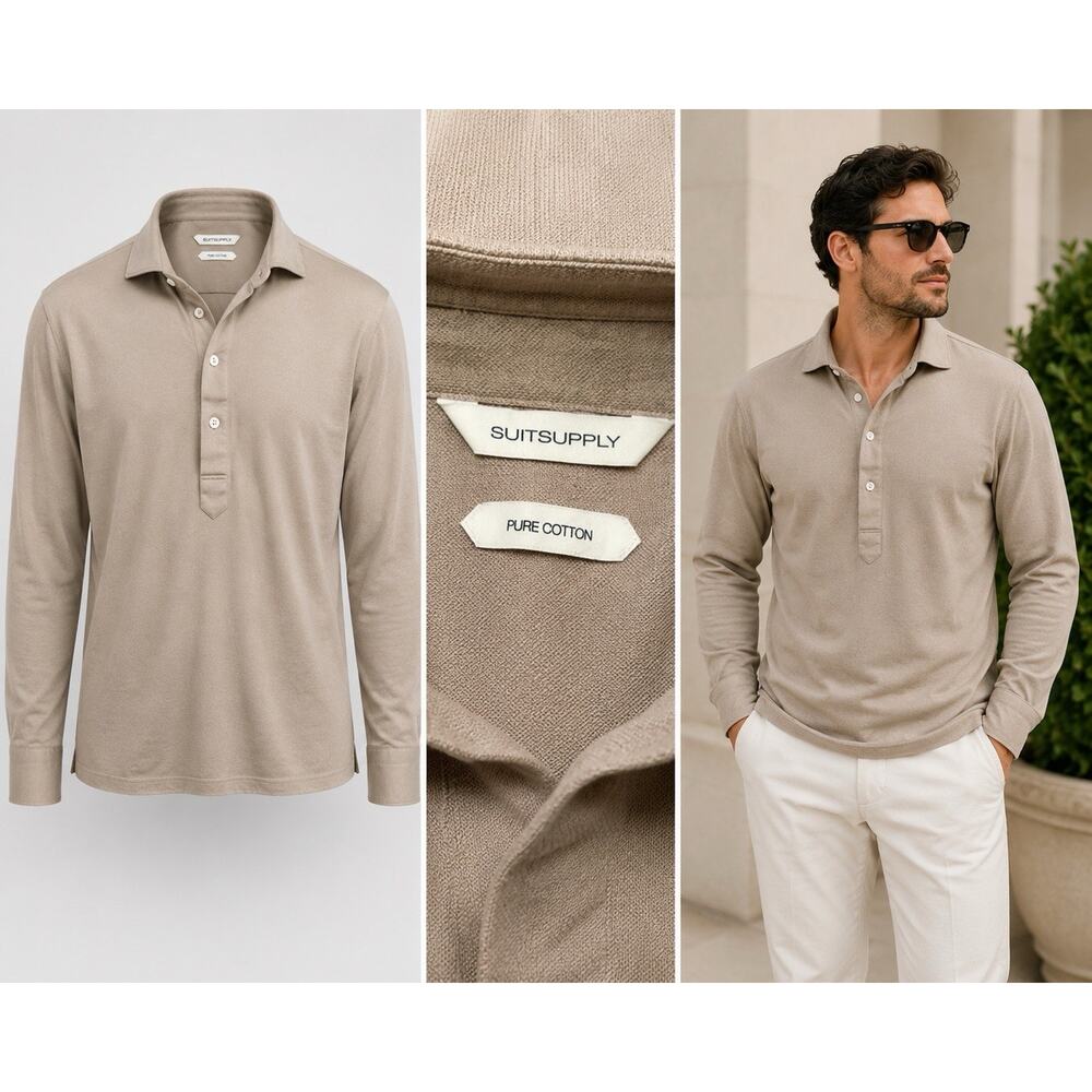 Suitsupply Polo Men’s 17/17.5 Beige Long-Sleeve Egyptian Cotton Luxury Casual